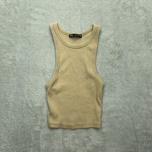 Zara Tank Top Womens Small Tan Beige Ribbed Knit Racerback Crop Basic Sleeveless